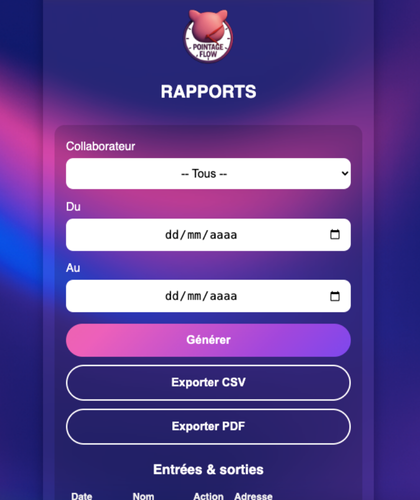 Interface de rapports du Pointage Flow permettant de générer des rapports d’heures, d’exporter des données et de filtrer les employés.
