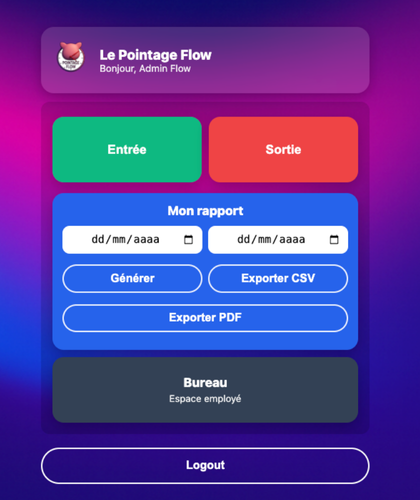 Interface collaborateur du Pointage Flow montrant les boutons d’entrée, de sortie et les options de rapport pour les employés.
