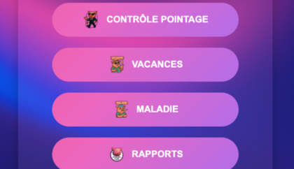 Menu du Pointage Flow affichant les options de contrôle du pointage, des vacances, de la maladie et des rapports.

