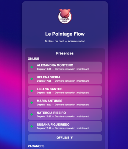 Interface de pointage du Pointage Flow montrant les options d’enregistrement des heures pour les employés.
