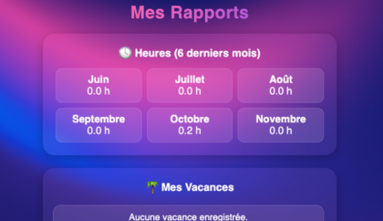 Interface des rapports collaborateur du Pointage Flow montrant l’historique des heures et des actions enregistrées.
