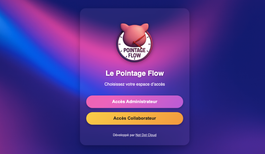 Écran principal du Pointage Flow avec les boutons Se Connecter et S’inscrire sur un fond dégradé moderne.
