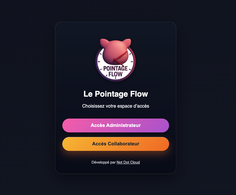 Écran principal du Pointage Flow avec les boutons Se Connecter et S’inscrire sur un fond dégradé moderne.
