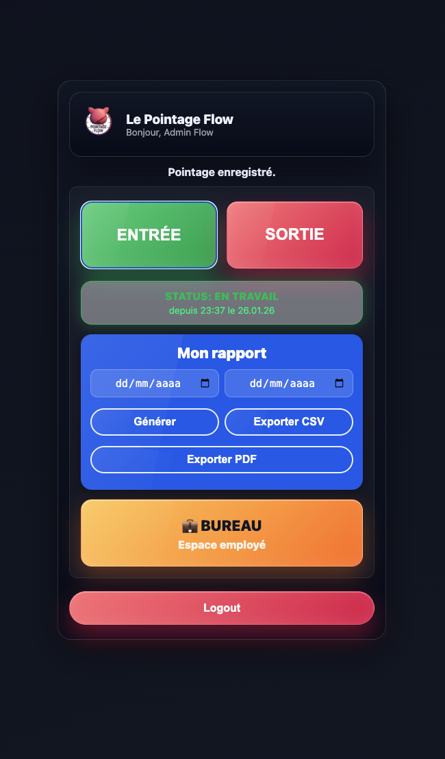 Interface collaborateur du Pointage Flow montrant les boutons d’entrée, de sortie et les options de rapport pour les employés.
