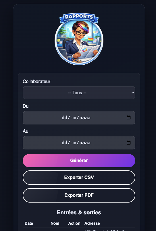 Interface de rapports du Pointage Flow permettant de générer des rapports d’heures, d’exporter des données et de filtrer les employés.
